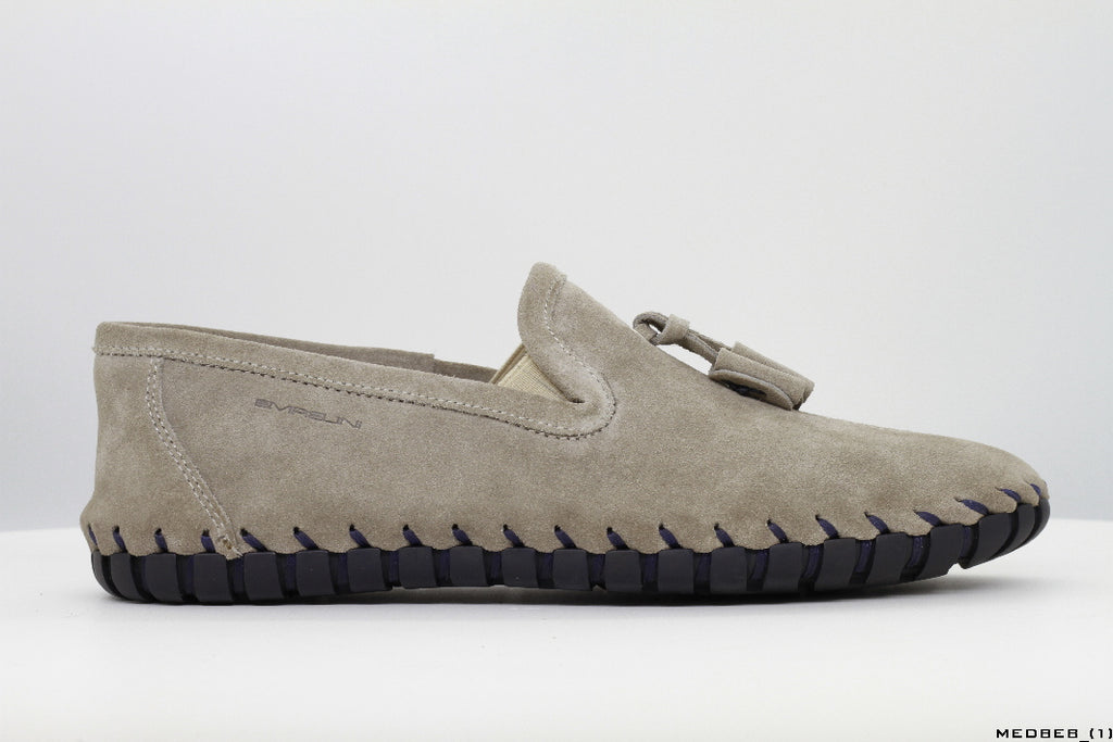 Moccasins in Sand Suede Leather with Handstitched Chocolate Brown Soles