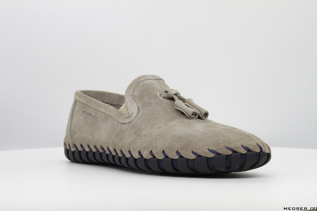 Moccasins in Sand Suede Leather with Handstitched Chocolate Brown Soles
