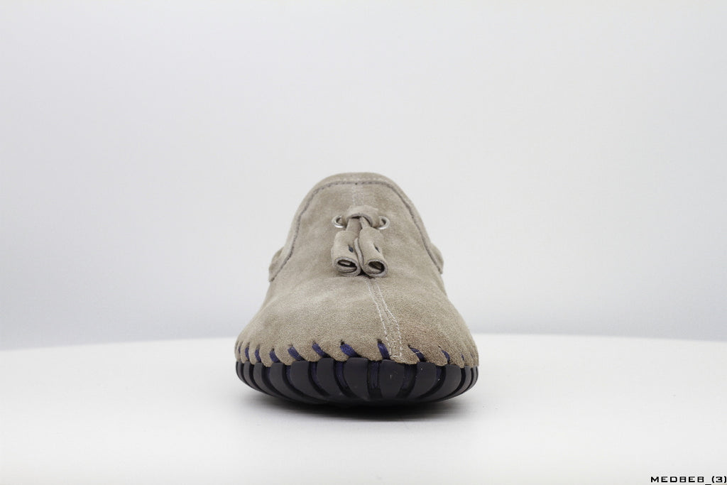 Moccasins in Sand Suede Leather with Handstitched Chocolate Brown Soles
