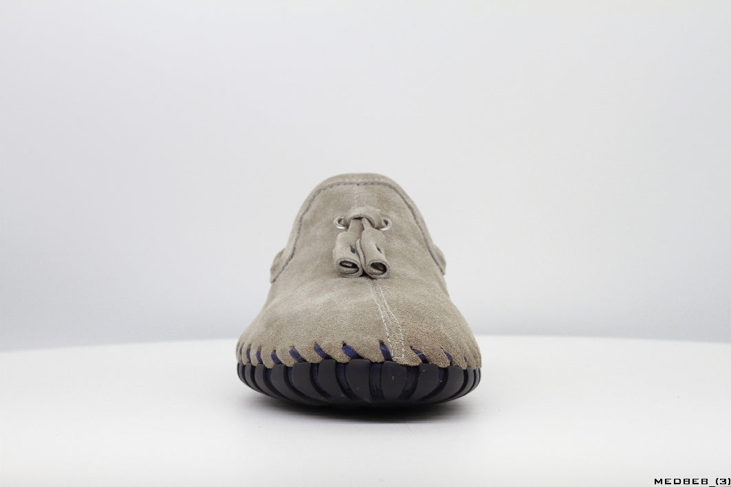 Moccasins in Sand Suede Leather with Handstitched Chocolate Brown Soles