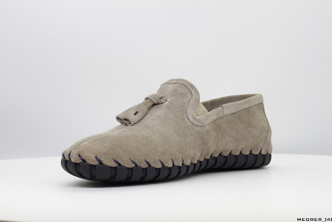 Moccasins in Sand Suede Leather with Handstitched Chocolate Brown Soles