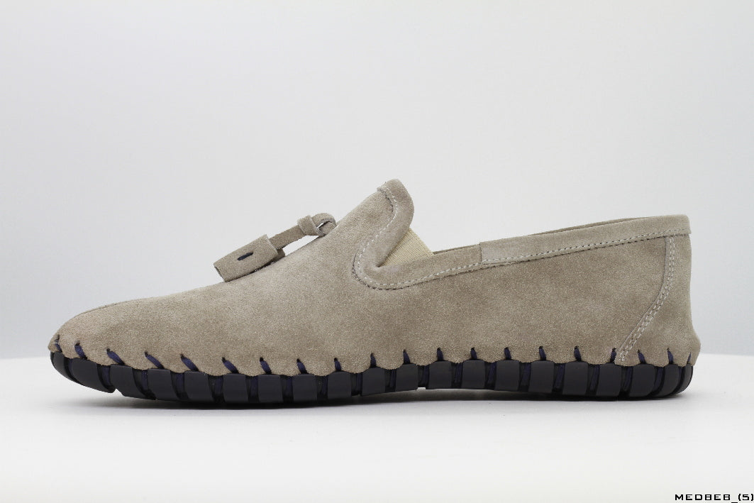 Moccasins in Sand Suede Leather with Handstitched Chocolate Brown Soles
