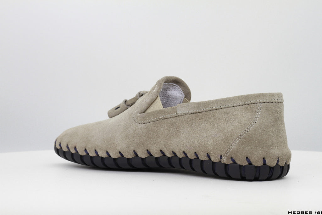 Moccasins in Sand Suede Leather with Handstitched Chocolate Brown Soles