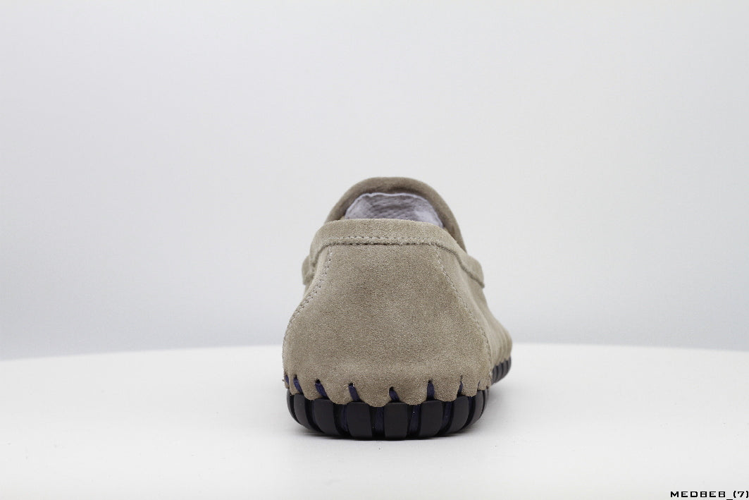 Moccasins in Sand Suede Leather with Handstitched Chocolate Brown Soles