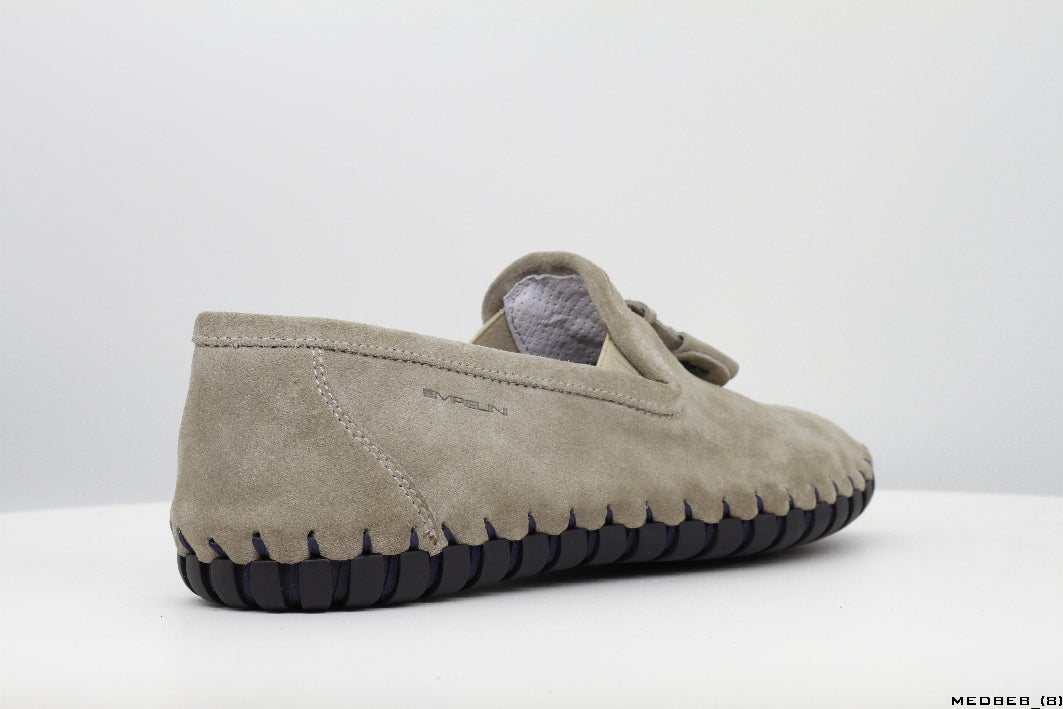 Moccasins in Sand Suede Leather with Handstitched Chocolate Brown Soles