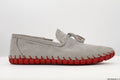 Moccasins in Gray Nubuck Leather with Handstitched Red Soles