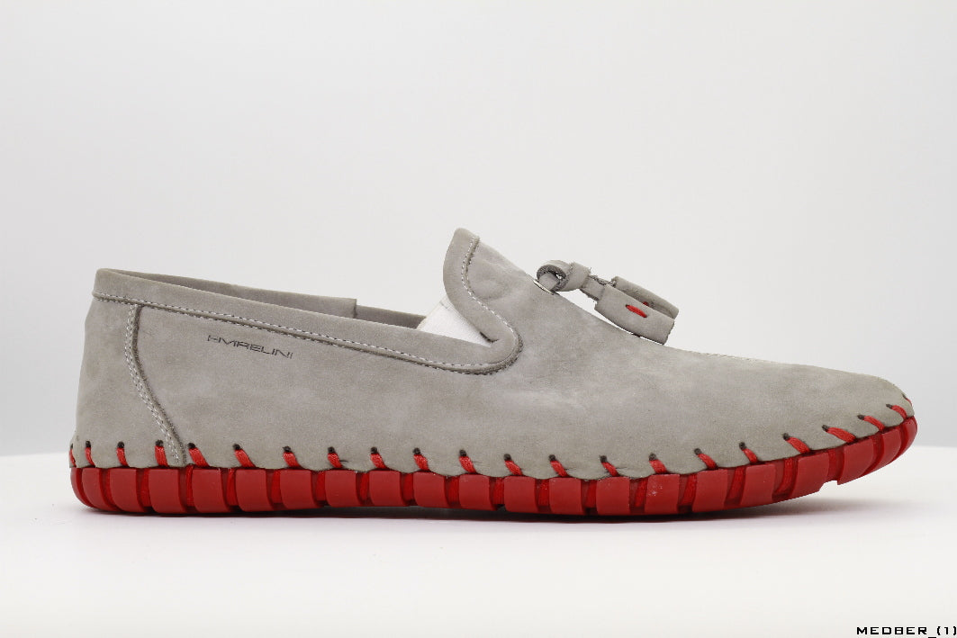 Moccasins in Gray Nubuck Leather with Handstitched Red Soles