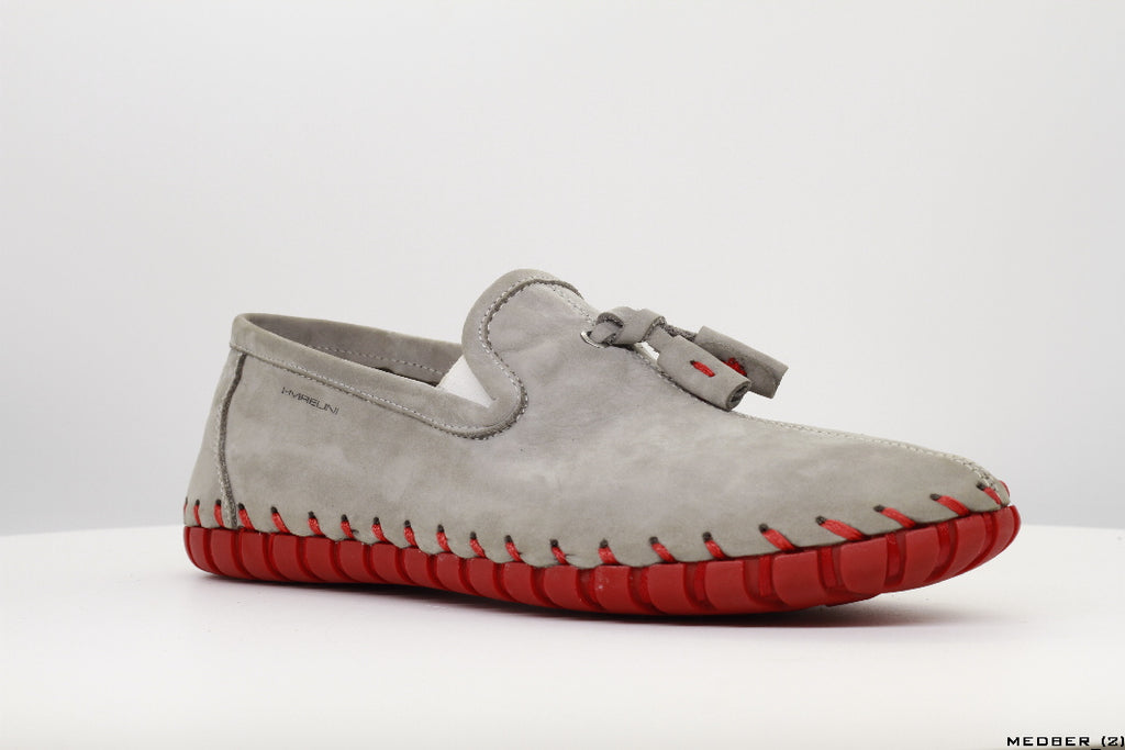 Moccasins in Gray Nubuck Leather with Handstitched Red Soles