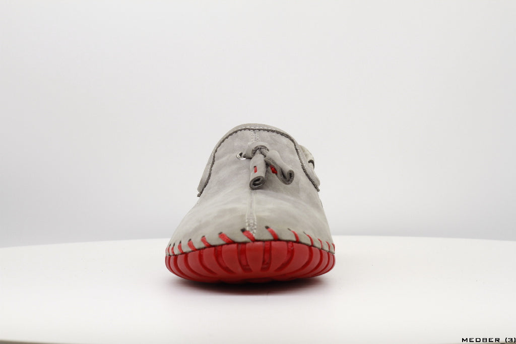 Moccasins in Gray Nubuck Leather with Handstitched Red Soles