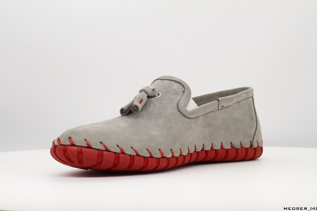 Moccasins in Gray Nubuck Leather with Handstitched Red Soles
