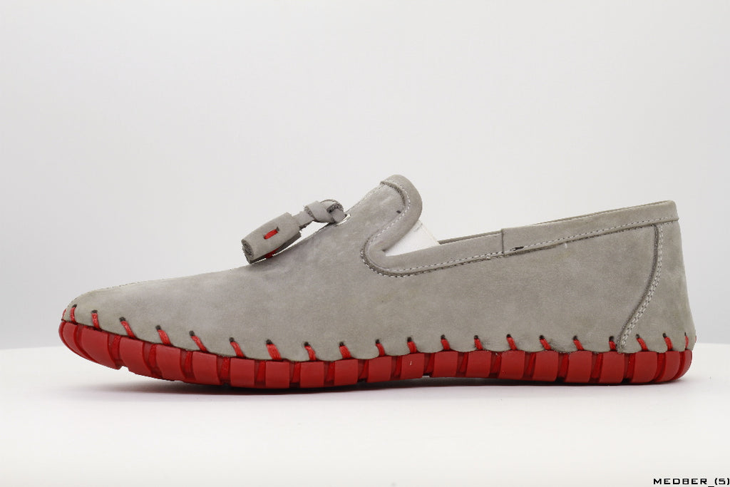 Moccasins in Gray Nubuck Leather with Handstitched Red Soles