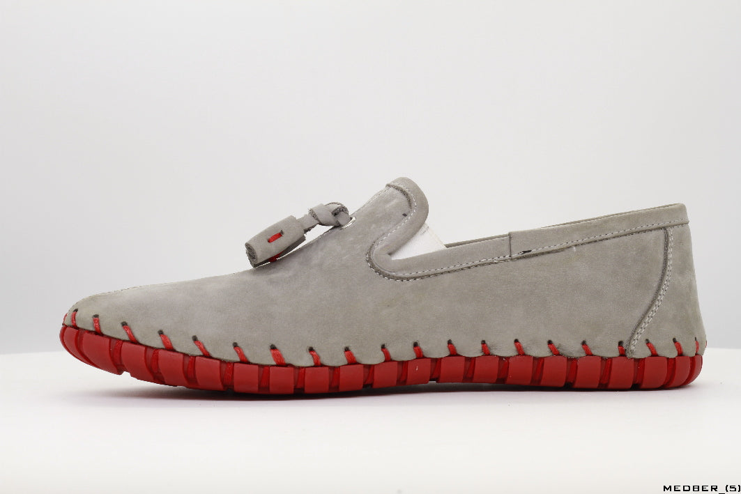 Moccasins in Gray Nubuck Leather with Handstitched Red Soles