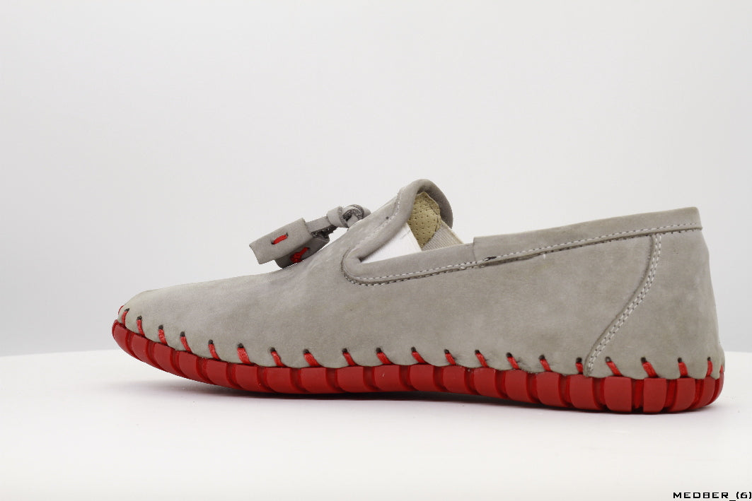 Moccasins in Gray Nubuck Leather with Handstitched Red Soles