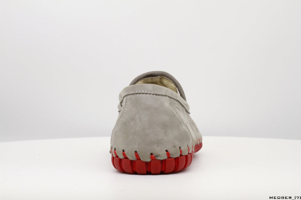 Moccasins in Gray Nubuck Leather with Handstitched Red Soles