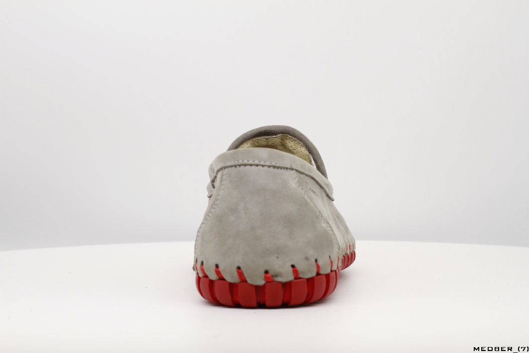 Moccasins in Gray Nubuck Leather with Handstitched Red Soles