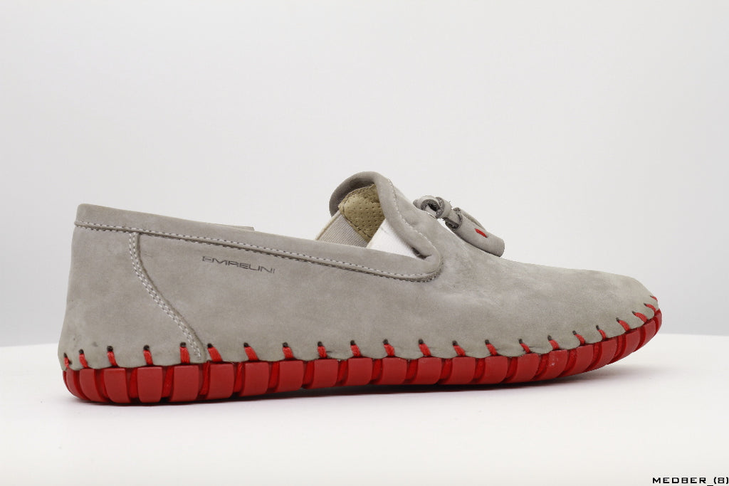 Moccasins in Gray Nubuck Leather with Handstitched Red Soles