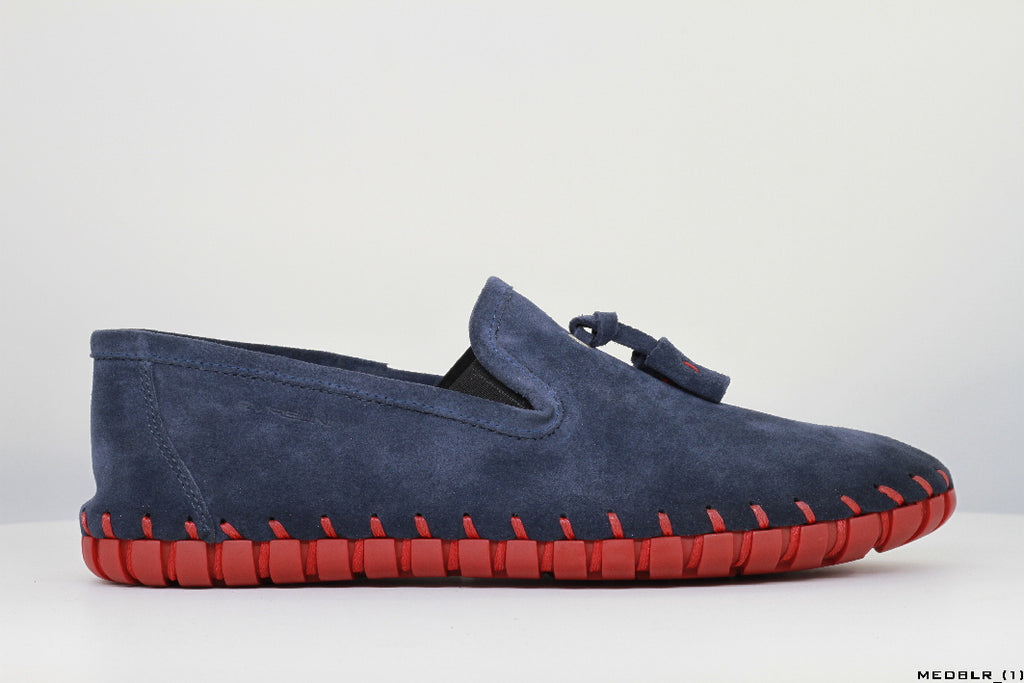 Moccasins in Blue Leather with Handstitched Red Soles