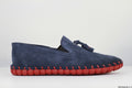 Moccasins in Blue Leather with Handstitched Red Soles