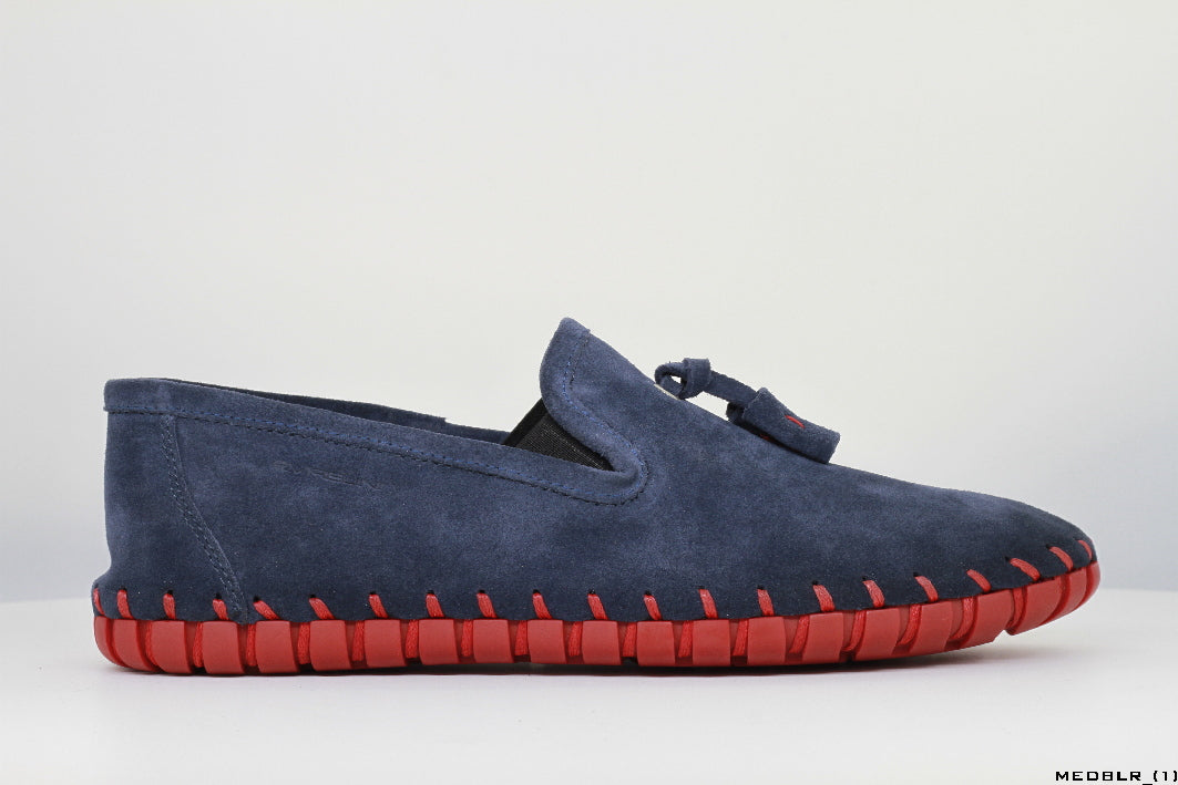 Moccasins in Blue Leather with Handstitched Red Soles