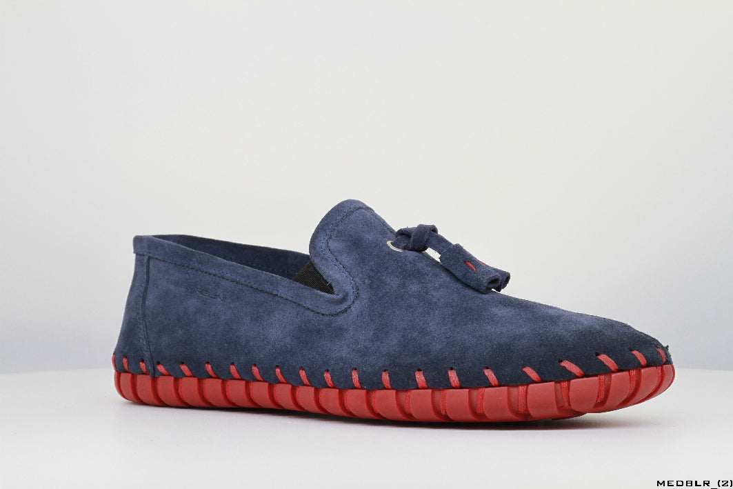 Moccasins in Blue Leather with Handstitched Red Soles