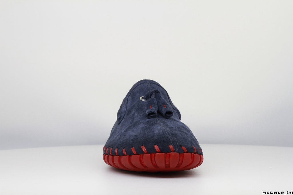 Moccasins in Blue Leather with Handstitched Red Soles