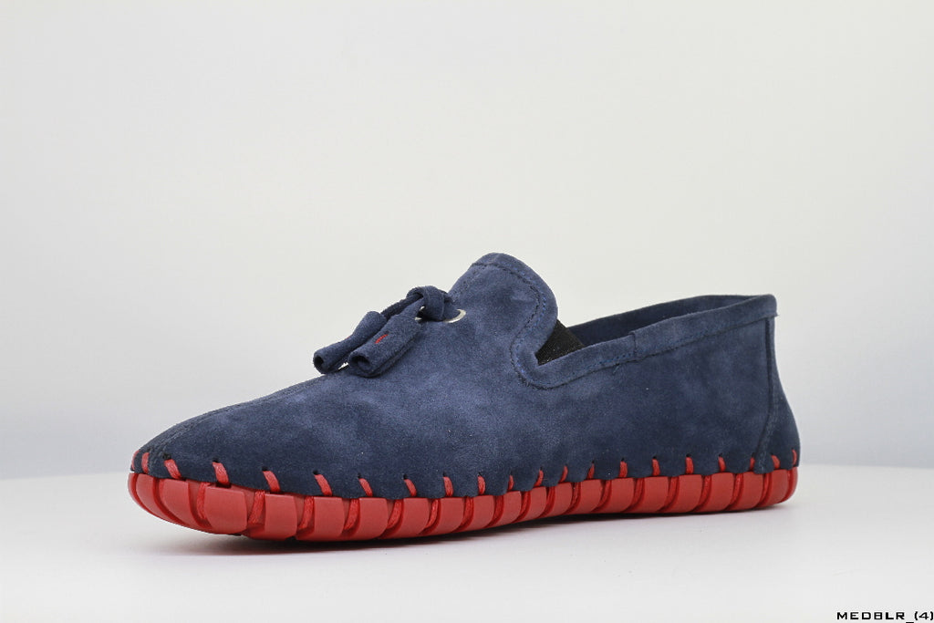Moccasins in Blue Leather with Handstitched Red Soles