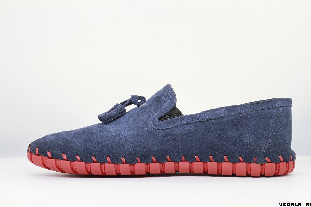 Moccasins in Blue Leather with Handstitched Red Soles