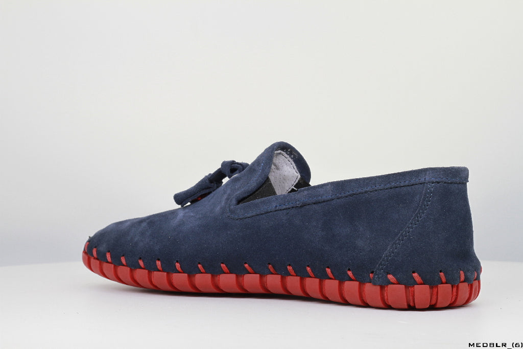 Moccasins in Blue Leather with Handstitched Red Soles