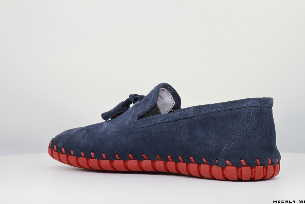 Moccasins in Blue Leather with Handstitched Red Soles