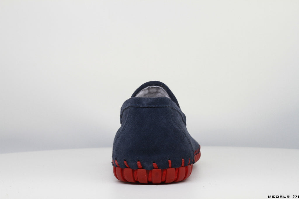 Moccasins in Blue Leather with Handstitched Red Soles