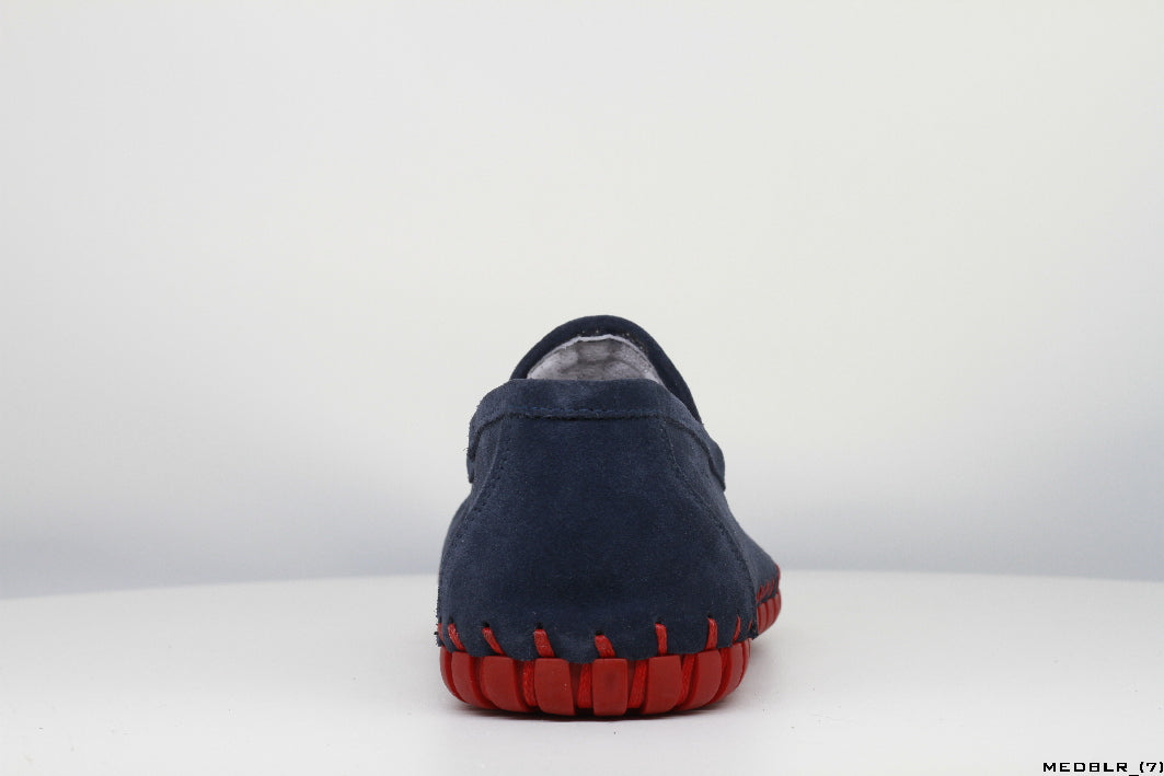 Moccasins in Blue Leather with Handstitched Red Soles