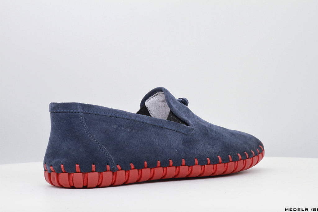 Moccasins in Blue Leather with Handstitched Red Soles