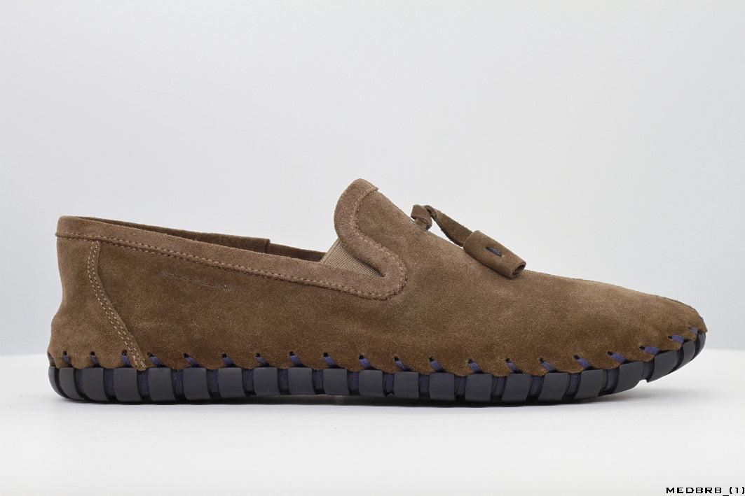 Moccasins in Dark Brown Suede Leather with Handstitched Chocolate Brown Soles