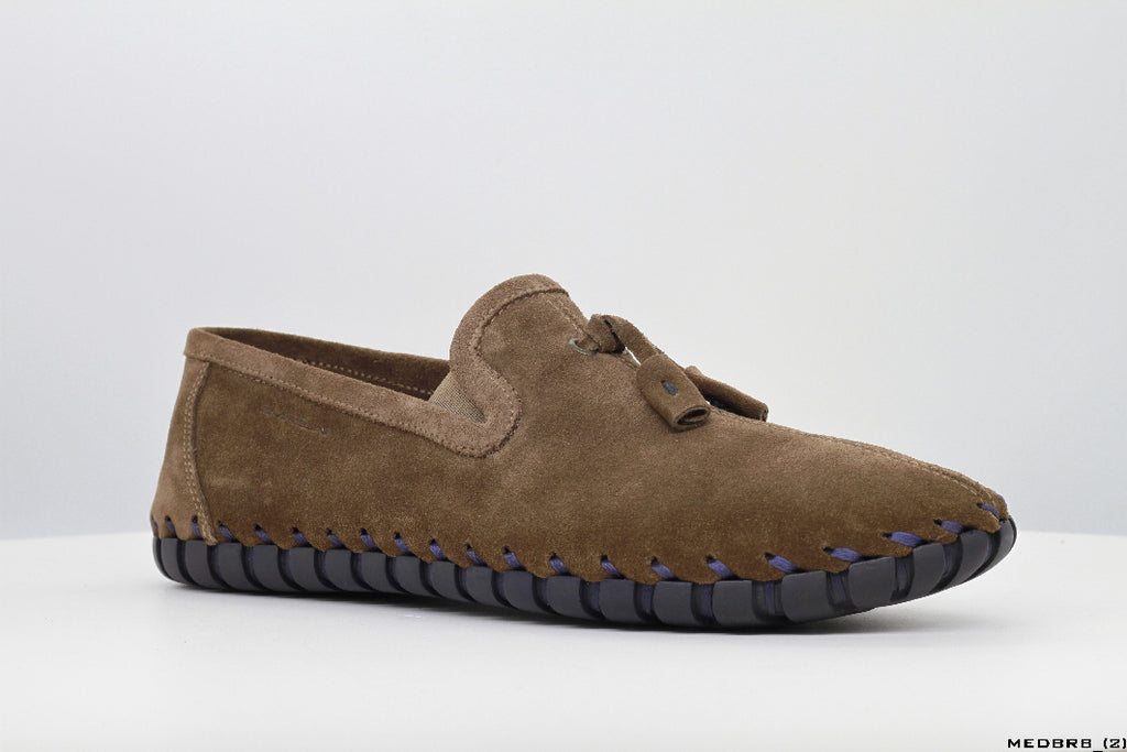 Moccasins in Dark Brown Suede Leather with Handstitched Chocolate Brown Soles