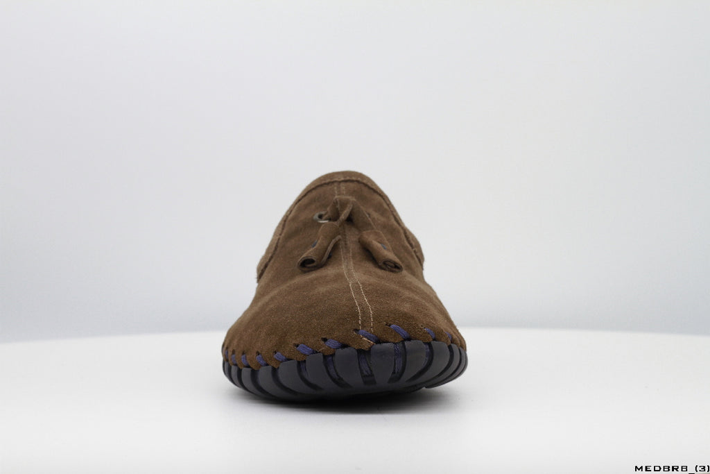 Moccasins in Dark Brown Suede Leather with Handstitched Chocolate Brown Soles