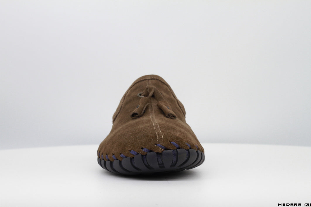 Moccasins in Dark Brown Suede Leather with Handstitched Chocolate Brown Soles