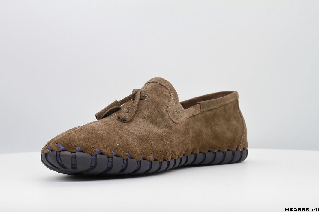 Moccasins in Dark Brown Suede Leather with Handstitched Chocolate Brown Soles