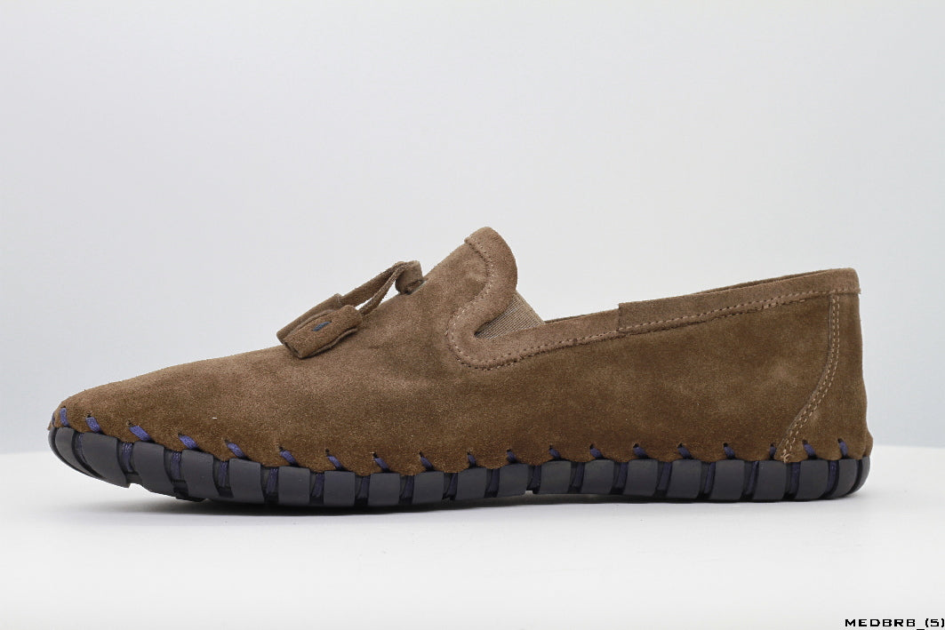 Moccasins in Dark Brown Suede Leather with Handstitched Chocolate Brown Soles