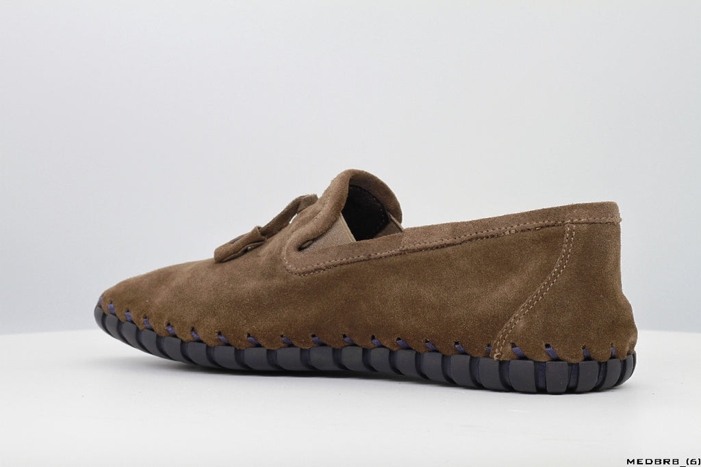 Moccasins in Dark Brown Suede Leather with Handstitched Chocolate Brown Soles