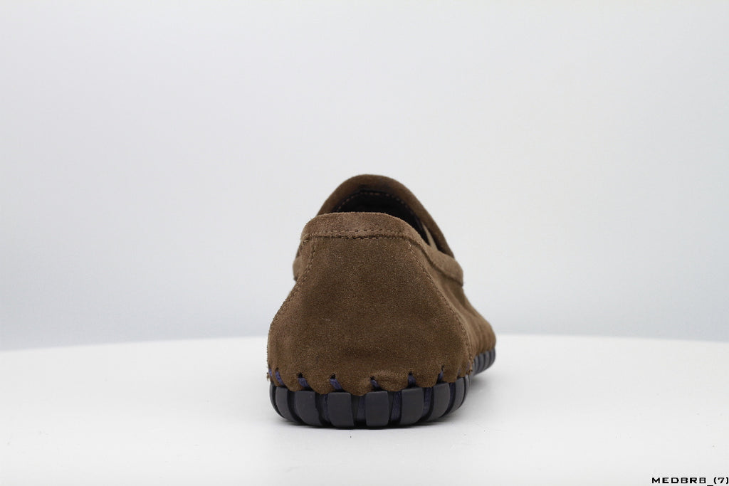 Moccasins in Dark Brown Suede Leather with Handstitched Chocolate Brown Soles