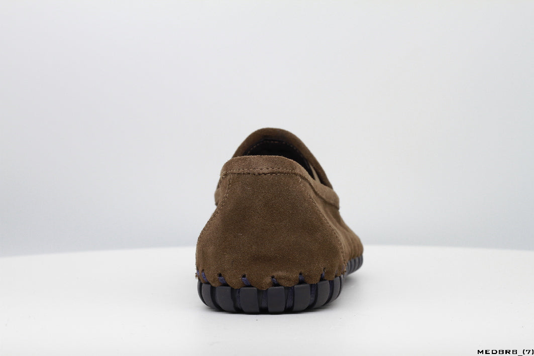 Moccasins in Dark Brown Suede Leather with Handstitched Chocolate Brown Soles