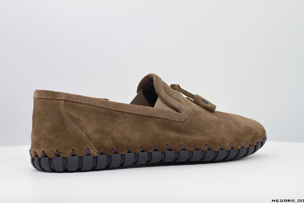 Moccasins in Dark Brown Suede Leather with Handstitched Chocolate Brown Soles